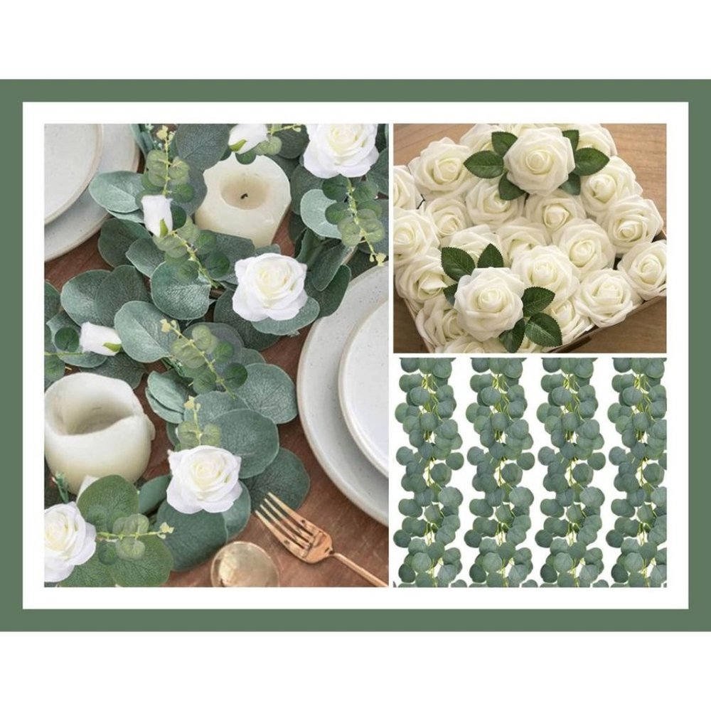4 pack Eucalyptus Garland & 25 count Ivory Roses Set Wedding Decor